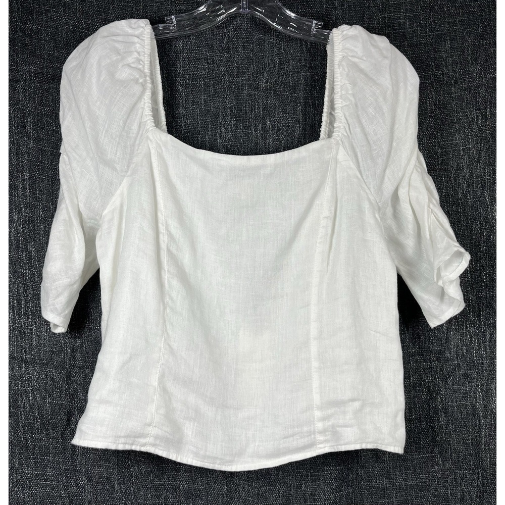 NWT RACHEL ZOE Sz L 100% Linen Top White Smocked Puff Sleeve Ren Faire Coquette